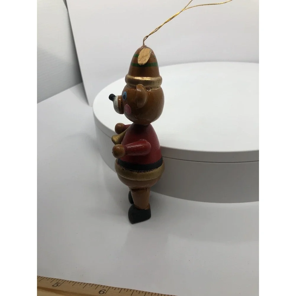 Vintage Christmas Wooden Teddy Bear Toy Ornament With‎ Horn Musical 4.25